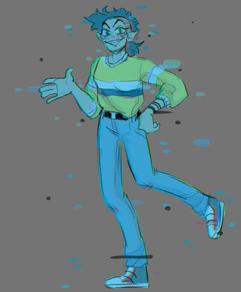 full body of a hologram character. they have a blue-tinted yellow sweater and a mullet